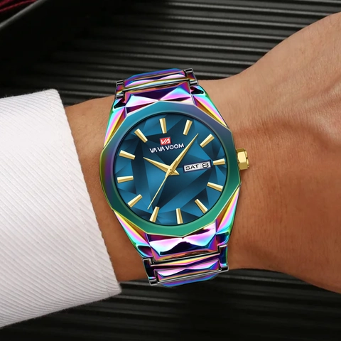 VAVAVOOM Orologio da Polso da Uomo al Quarzo alla Moda Cassa Geometrica Sfaccettata Cinturino in Acciaio Inossidabile Doppio Calendario Luminoso Impermeabile Business Casual