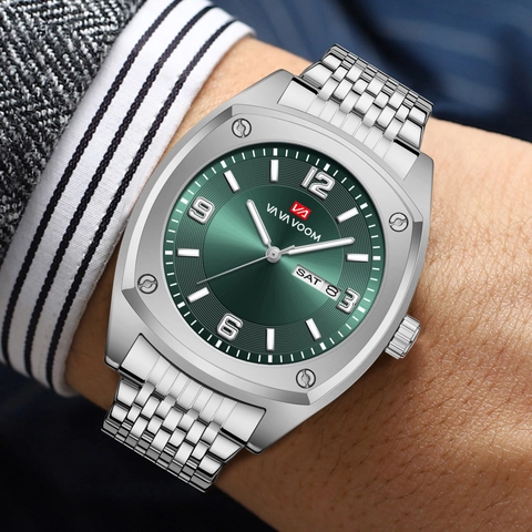 Reloj de Cuarzo de Negocios VA VA VOOM para Hombre Luminoso Impermeable Doble Calendario Correa Acero Inox Bisel Octogonal Regalo