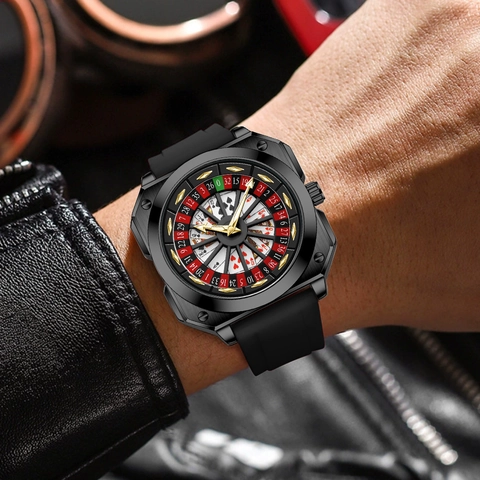 Casino Roulette Poker Theme Men Quartz Watch Luminous Waterproof Alloy Square Case Silicone Strap Fashion Creative Wristwatch
