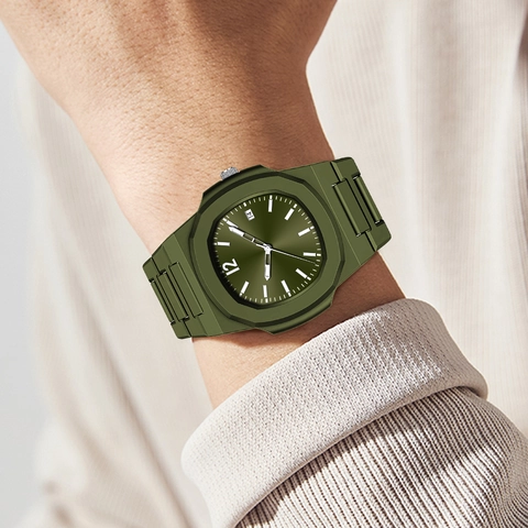 Men Sport Quartz Watch Waterproof Luminous Octagonal Bezel Date Display Plastic Strap Integrated Fashion Wristwatch Gift Box