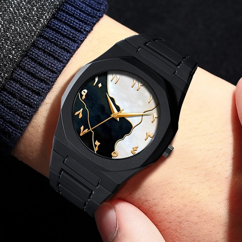 Reloj de Cuarzo Octogonal Negro Mate para Hombre Números Arábigos Esfera Mármol Correa Plástico Deportivo Impermeable