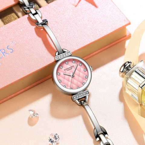 Women Luxury Quartz Watch Silver Stainless Steel Bangle Bracelet Pink White Quilted Dial Rhinestone Waterproof Elegant Ladies Wristwatch
