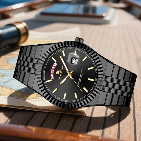 Men's Fashion Business Watch Waterproof Luminous Dual Calendar Date Week Display Stainless Steel Strap Quartz Wristwatch