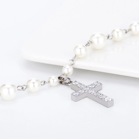 Roestvrij Staal Kunstparel Kruis Hanger Halsketting Voor Mannen Vrouwen Mode Ingelegd Met Strass Sleutelbeen Sieraden