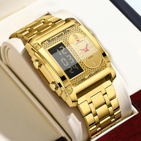 VAVAVOOM Orologio da Uomo Business Doppio Display Impermeabile Cinturino in Acciaio Inox Cassa Quadrata Luce LED Tre Fusi Orari