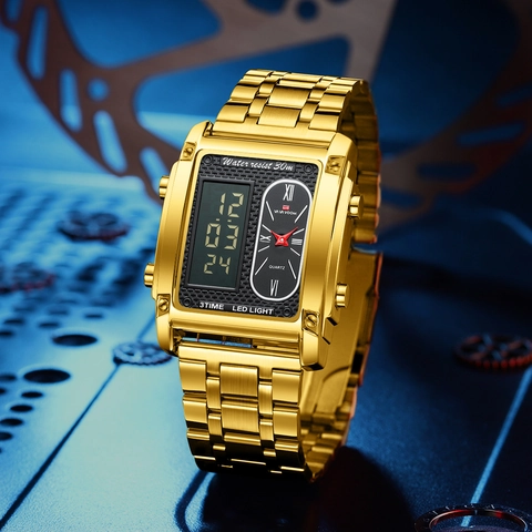 VAVAVOOM Orologio da Uomo Business Doppio Display Impermeabile Cinturino in Acciaio Inox Cassa Quadrata Luce LED Tre Fusi Orari