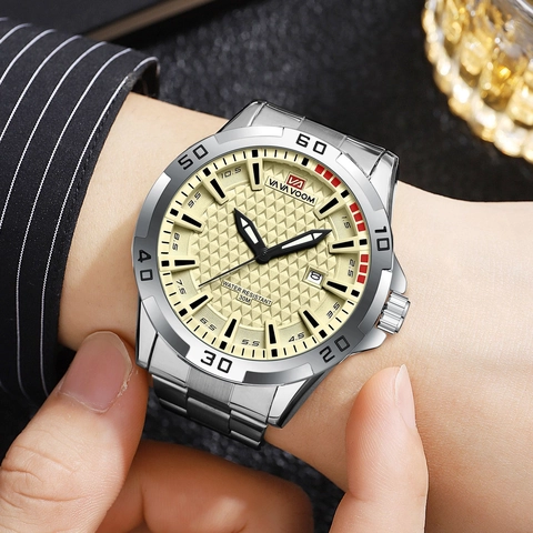 VAVAVOOM Orologio al Quarzo da Uomo Business Moda Impermeabile Luminoso Calendario Quadrante 3D Cinturino in Acciaio Inossidabile Pelle