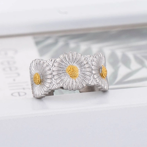 Anillo Ajustable Abierto de Flor de Margarita de Acero Inoxidable Hip Hop Niche Anillo Floral para Mujer Hombre Joyería Regalo