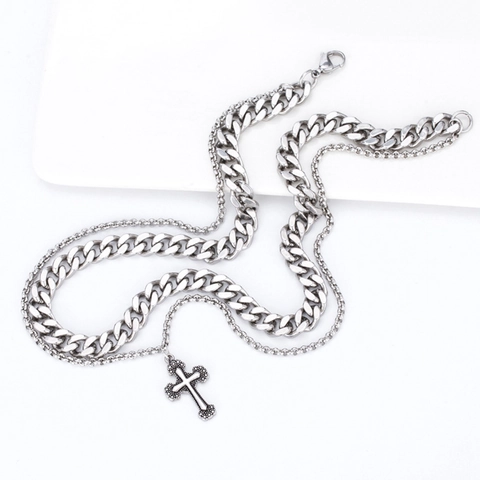 Collana a Doppio Strato in Acciaio Inossidabile Retro Punk con Pendente a Croce per Uomo Catena Curb Argento Gioielli Hip Hop Street