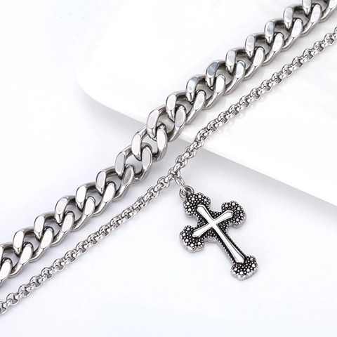 Collana a Doppio Strato in Acciaio Inossidabile Retro Punk con Pendente a Croce per Uomo Catena Curb Argento Gioielli Hip Hop Street