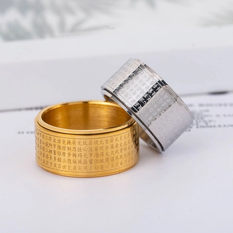 Bague Spinner Rotative en Acier Inoxydable Avec Gravure Sutra du Cœur Bague Religieuse Bouddhiste pour Hommes Femmes