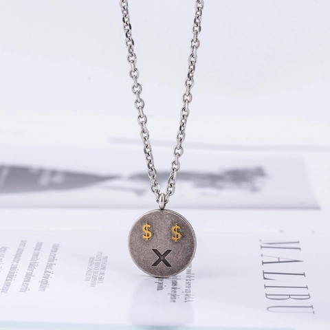 Retro Stainless Steel Round Plate Smiley Face Necklace For Men Hip Hop Dollar Sign Emoji Pendant Vintage Coin Jewelry