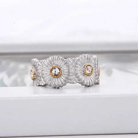 Roestvrij Staal Madeliefje Bloem Verstelbare Ring Met 18K Verguld Zirconia Tweekleurig Geborsteld Vintage Ring Voor Vrouwen