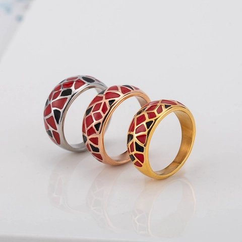 Bague Anneau en Acier Inoxydable Émaillé Vintage pour Hommes Femmes Mosaïque Géométrique Couleur de Contraste Bijoux de Mode