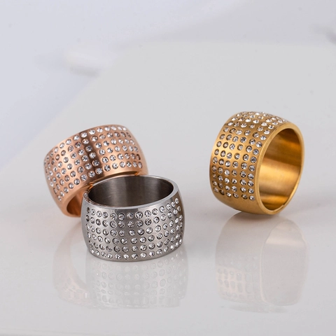 Bague Large en Acier Inoxydable pour Hommes Rangs Multiples de Pavé Strass Style Hip Hop Punk Rock Bijoux de Doigt Poli Miroir