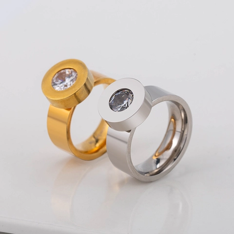 Bague Géométrique en Acier Titane avec Zirconia Plaquée Or Argent Bijoux de Mode à Bande Large pour Hommes Femmes Minimalisme