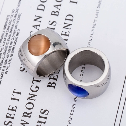 Vintage Heren Roestvrijstalen Ring Met Ronde Kattenoogsteen Goud Zilver Verguld Brede Band Geometrisch Minimalistisch Sieraad Cadeau