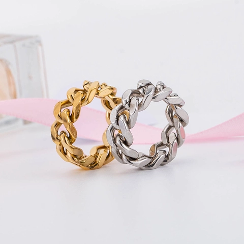 Bague Chaîne Maille Gourmette en Acier Titane Minimaliste pour Hommes Femmes Punk Géométrique Plaqué Or 18K Bijoux