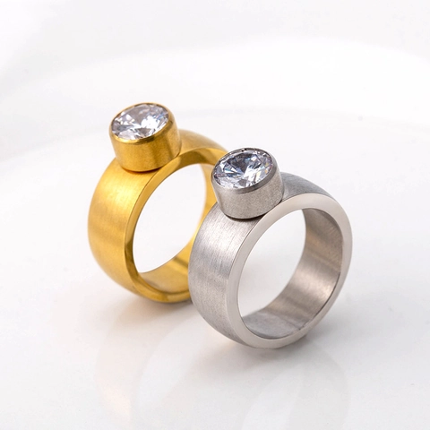 Bague Large en Acier Inoxydable Minimaliste pour Hommes Femmes Or Argent Serti Clos Zircone Géométrique Bijoux