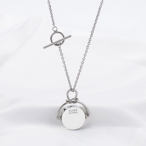 Minimalistische Edelstahl Lange Halskette Unisex Rotierende Rundscheibe Merci Paris Gravur Anhänger Knebelverschluss