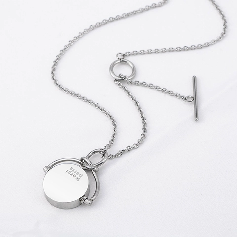 Minimalistische Edelstahl Lange Halskette Unisex Rotierende Rundscheibe Merci Paris Gravur Anhänger Knebelverschluss