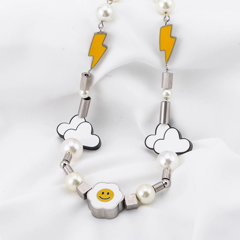 Hip Hop Stainless Steel Artificial Pearl Splicing Necklace Sunflower Smiley Face Cloud Lightning Pendant Streetwear Punk Jewelry For Men Women