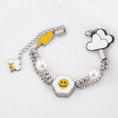 Hip-Hop 316L Edelstahl Künstliche Perlenarmband Mit Smiley Blume Blitz Wolke Charms Trendiger Ins Stil Schmuck Für Unisex Alltag