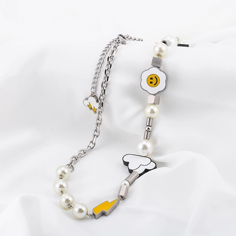Hip Hop Stainless Steel Artificial Pearl Splicing Necklace Sunflower Smiley Face Cloud Lightning Pendant Streetwear Punk Jewelry For Men Women