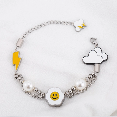 Hip-Hop 316L Edelstahl Künstliche Perlenarmband Mit Smiley Blume Blitz Wolke Charms Trendiger Ins Stil Schmuck Für Unisex Alltag