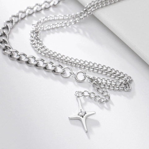 Collana Punk in Acciaio Inossidabile a Doppio Strato con Ciondolo a Stella e Zircone Gioielli Streetwear Hip Hop per Uomo Donna