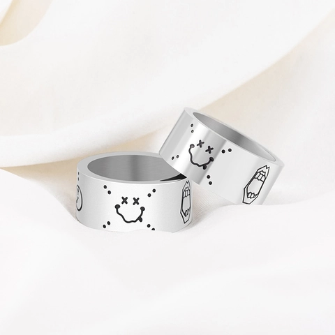 Punk Titanium Steel Wide Band Ring For Men Women Creative Cartoon Graffiti Smiley Face Streetwear Hip Hop Fashion Jewelry