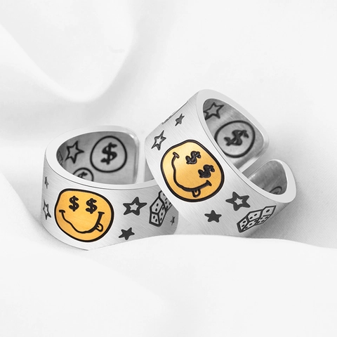 Hip Hop Stainless Steel Wide Open Ring Street Graffiti Smiley Face Dollar Sign Star Star Dice Pattern Brushed Metal Ring For Men Women