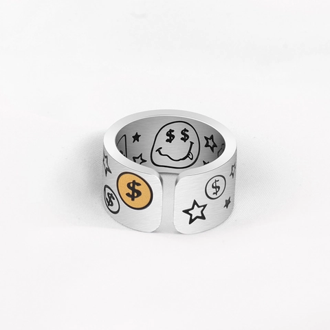 Hip Hop Stainless Steel Wide Open Ring Street Graffiti Smiley Face Dollar Sign Star Star Dice Pattern Brushed Metal Ring For Men Women