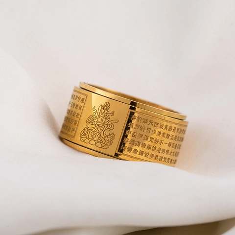 Stainless Steel Gold Rotatable Spinner Ring With Buddhist Heart Sutra Scripture Engraved Religious Jewelry For Men Women