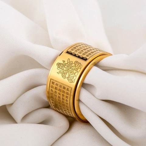 Stainless Steel Gold Rotatable Spinner Ring With Buddhist Heart Sutra Scripture Engraved Religious Jewelry For Men Women