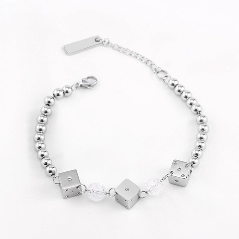 Bracelet de Perles avec Charme de Dé en Acier Inoxydable Unisexe Style Hip Hop Punk Ton Argent avec Perles en Verre Réglable