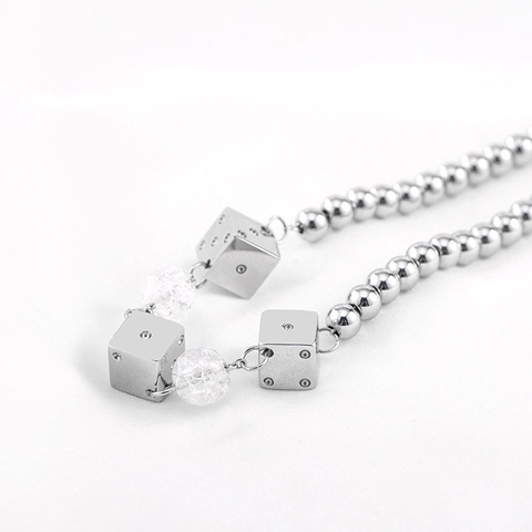 Bracelet de Perles avec Charme de Dé en Acier Inoxydable Unisexe Style Hip Hop Punk Ton Argent avec Perles en Verre Réglable