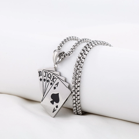 Punk Rock Titanium Steel Poker Royal Flush Pendant Necklace For Men Women Hip Hop Spade Ace Ten To Ace Streetwear Jewelry