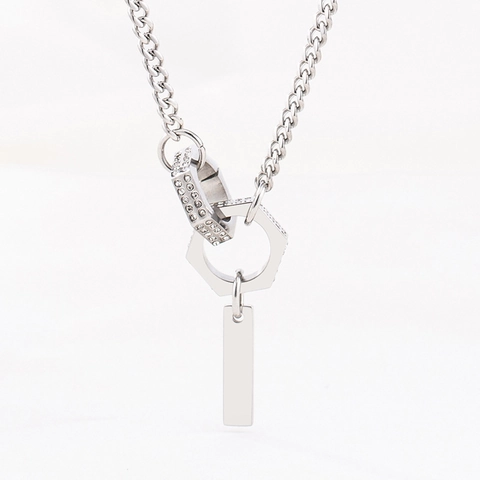 Titanium Staal Ineengrijpende Dubbele Ring Hanger Halsketting Voor Heren Vrouwen Ingelegde Strass Zeshoek Industrieel Sieraden