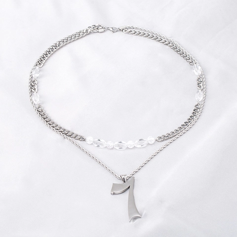 Collana a Doppio Strato in Acciaio Inossidabile Punk Numero 7 per Uomo Donna Hip Hop Catena Cuban Twist Con Perline di Strass
