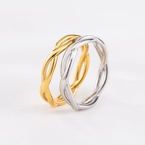 Bague Minimaliste en Acier Inoxydable 316L Pour Femmes Hommes Plaqué Or 18K Design Tressé Poli Bijoux de Mode