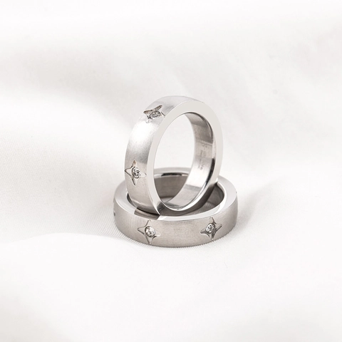 316L Stainless Steel Four Pointed Star Band Ring Brushed Matte Zirconia Inlaid Minimalist Industrial Style Unisex Jewelry
