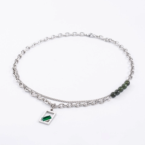 Punk Gespleißte Edelstahl Halskette Mit Grünem Quadratischen Kristallanhänger Und Lagiger Kette Für Damen Herren Unisex Schmuck