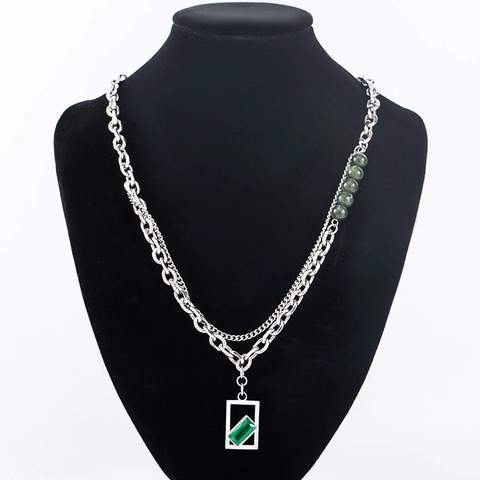Punk Gespleißte Edelstahl Halskette Mit Grünem Quadratischen Kristallanhänger Und Lagiger Kette Für Damen Herren Unisex Schmuck