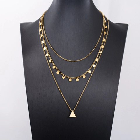 Moda Collana in Acciaio Inossidabile a 3 Strati per Donna Pendente a Triangolo Geometrico Placcato Oro Catena di Osso di Lavandino con Paillettes e Nappine