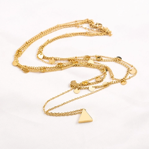 Moda Collana in Acciaio Inossidabile a 3 Strati per Donna Pendente a Triangolo Geometrico Placcato Oro Catena di Osso di Lavandino con Paillettes e Nappine
