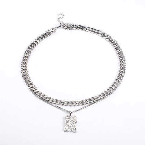 Hip Hop Dubbele Laag Titaniumstaal Halsketting Met Rechthoekige Lavatextuur Hanger Zilver Punk Cubaanse Ketting Sieraden Voor Unisex