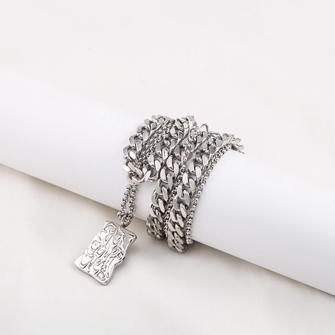 Hip Hop Dubbele Laag Titaniumstaal Halsketting Met Rechthoekige Lavatextuur Hanger Zilver Punk Cubaanse Ketting Sieraden Voor Unisex