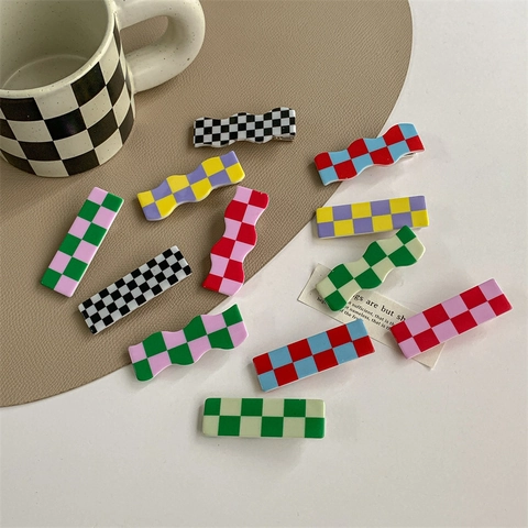 Checkerboard Hair Clips Sweet Acetate Duckbill Barrettes Colorful Plaid Wave Side Clips Vintage Ins Style Hair Accessories For Girls Women