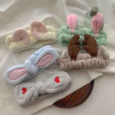 Soft Coral Fleece Hair Band For Women Cute Cartoon Animal Ear Bowknot Headband For Face Washing Makeup Spa Embroidered Elastic Hair Accessories